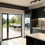 **Prompt:** A modern Swedish kitchen with A+++ energy-rated appliances (refrigerator, oven), LED lighting fixtures, and a person checking a smart home energy monitoring system on a tablet. Sunlight streaming through a window. Focus on energy efficiency and modern Scandinavian design.