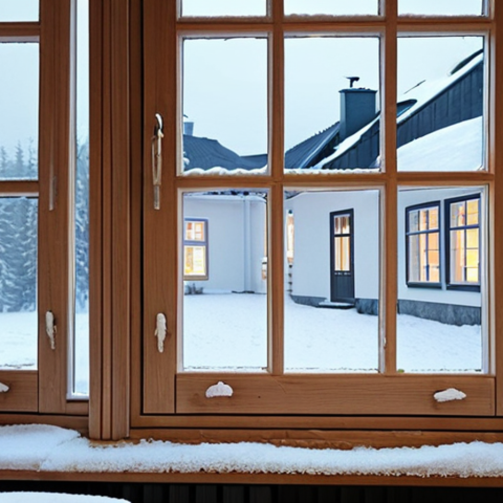 **

A cozy Swedish home interior with focus on window and door sealing. Show draught excluders on doors and sealing strips around windows. Soft, warm lighting contrasting with a cold, snowy scene visible through the window. Emphasize energy efficiency and comfort.

**