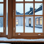 **

A cozy Swedish home interior with focus on window and door sealing. Show draught excluders on doors and sealing strips around windows. Soft, warm lighting contrasting with a cold, snowy scene visible through the window. Emphasize energy efficiency and comfort.

**