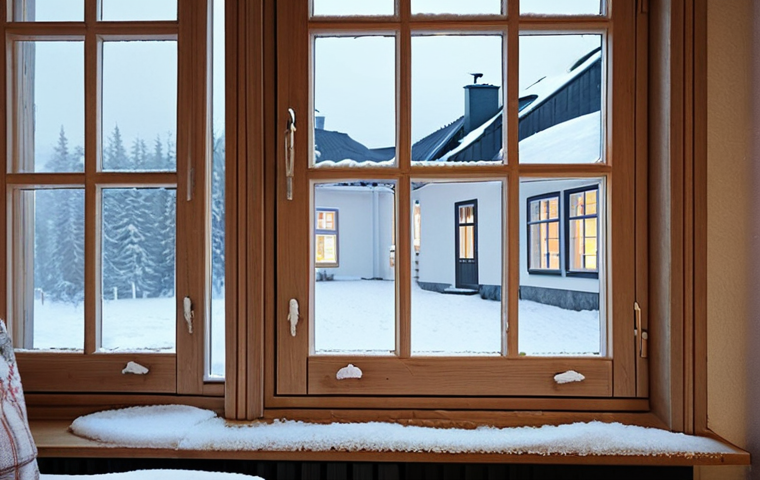 **

A cozy Swedish home interior with focus on window and door sealing. Show draught excluders on doors and sealing strips around windows. Soft, warm lighting contrasting with a cold, snowy scene visible through the window. Emphasize energy efficiency and comfort.

**