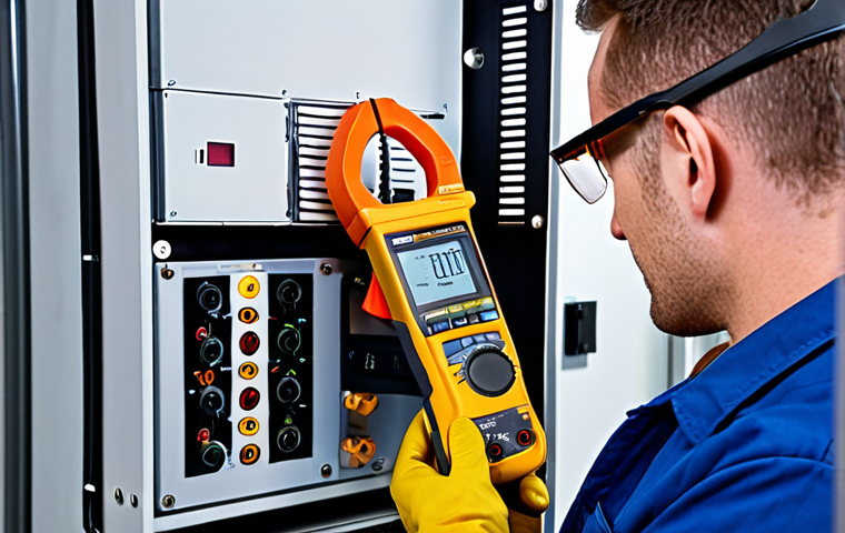 A skilled energy management professional, male, mid-30s, wearing safety glasses and work gloves, is meticulously using a modern Fluke 376 FC clamp meter on a complex electrical distribution board. In the background, a Testo 872 thermal camera rests on a toolbox, and a tablet displays real-time energy consumption graphs. The setting is a clean, well-organized industrial utility room with visible pipes and ventilation ducts, illuminated by bright, clear lighting. The image emphasizes precision, hands-on expertise, and efficient problem-solving in energy diagnostics. Highly detailed, realistic photography.